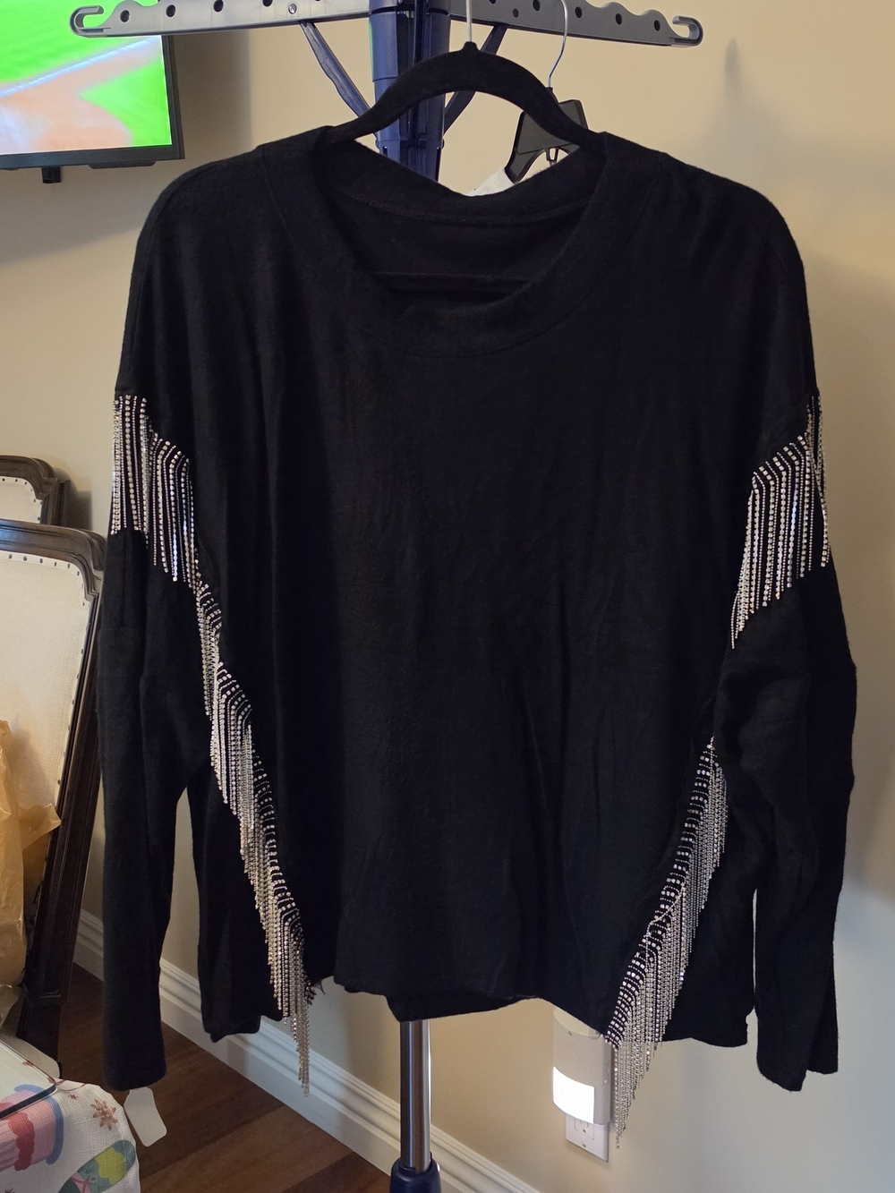 Black Long-Sleeve Fringe Top with Rhinestone Trim